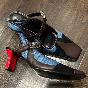 STAUD- rare / archival, Chic Women's Brown and Blue Sandals with red heel